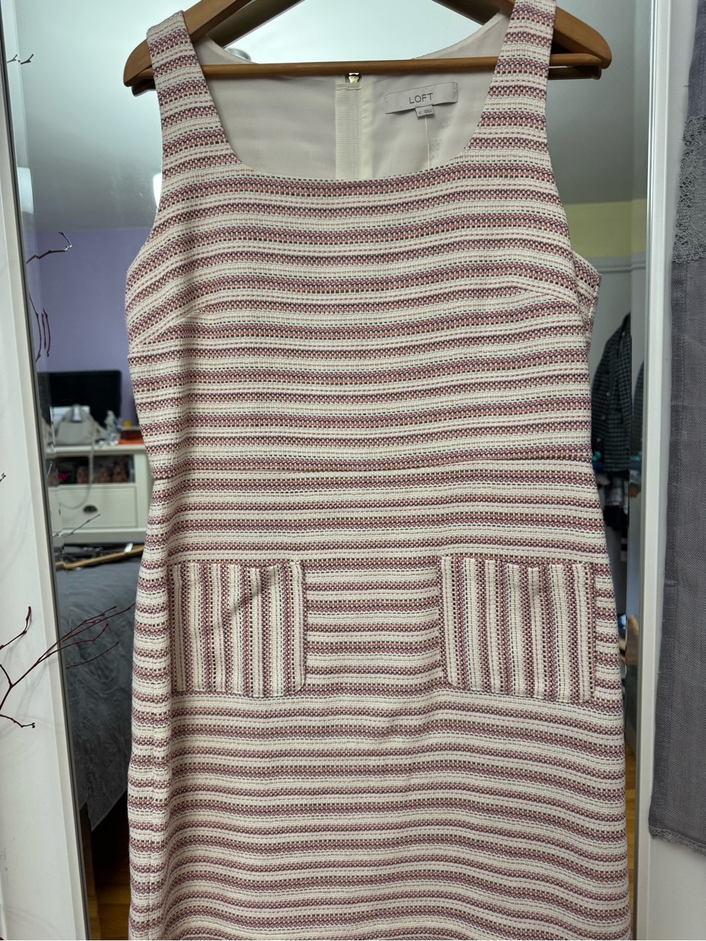 LOFT Cream and Pink Striped Midi Shift Dress